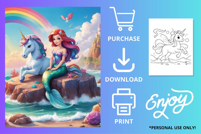May include: A digital coloring page featuring a mermaid with long red hair sitting on a rock with a unicorn. The mermaid is wearing a purple and green seashell bra and a green tail. The unicorn is white with a rainbow mane and tail. The background is a blue ocean with a rainbow in the sky.