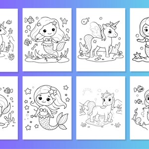 May include: Black and white coloring pages featuring mermaids and unicorns. The mermaids have long flowing hair and tails, while the unicorns have horns and wings. The images are simple and easy to color.