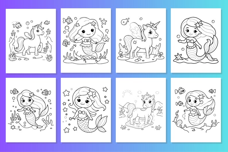May include: Black and white coloring pages featuring mermaids and unicorns. The mermaids have long flowing hair and tails, while the unicorns have horns and wings. The images are simple and easy to color.
