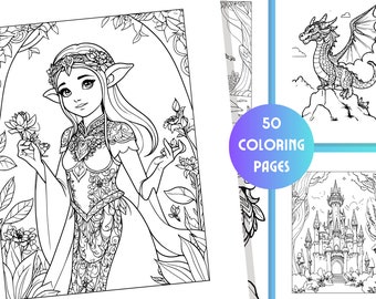 Fantasy World 50 whimsical coloring pages - dragons, elves, castles, warriors - printable coloring book for adults and kids