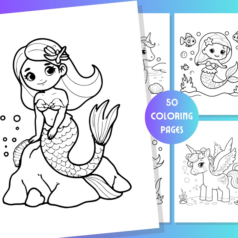 May include: A black and white coloring page featuring a mermaid sitting on a rock with her tail curled around her. The mermaid has long flowing hair and a crown on her head. The text "50 COLORING PAGES" is visible in the image.