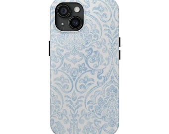 May include: A smartphone case with a light blue and white damask pattern. The case has a glossy finish and features a dual-lens camera cutout. The design is a classic, elegant style, suitable for a variety of tastes.