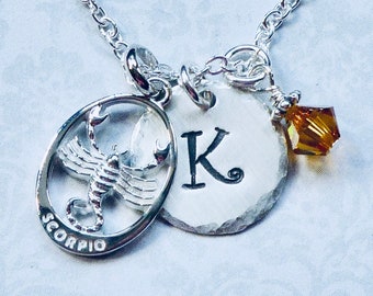 Scorpio Zodiac Hand Stamped Sterling Silver Initial Charm Necklace - Personalized Star Sign Gift