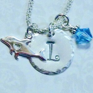 Dolphin Lover Hand Stamped Sterling Silver Initial Birthstone Charm Necklace - Porpoise Jewelry