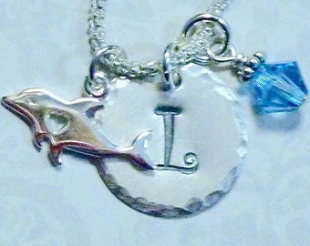 Dolphin Lover Hand Stamped Sterling Silver Initial Charm Necklace - Porpoise Jewelry