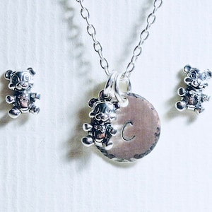 Teddy Bear Hand Stamped Sterling Silver Petite Initial Charm Necklace and Post Earring Jewelry Set