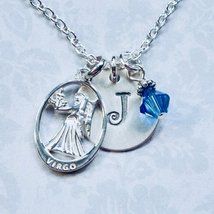 Virgo Zodiac Hand Stamped Sterling Silver Initial Charm Necklace - Personalized Astrology Star Sign Jewelry