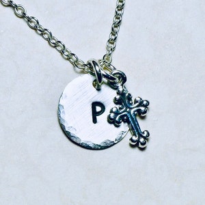 Tiny Fancy Cross Hand Stamped Sterling Silver Petite Initial Charm Necklace, Communion Gift, Christian Jewelry