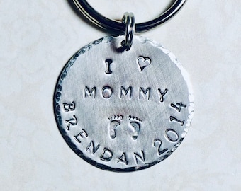 I love Mommy Hand Stamped Keychain with little Baby Feet - Personalized New Mom Keychain Gift