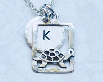 Personalized Turtle Hand Stamped Sterling Silver Petite Initial Charm Necklace