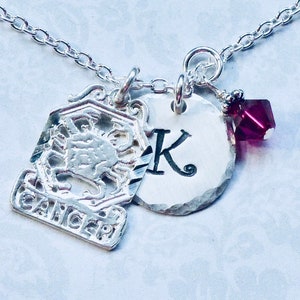 Cancer the Crab Zodiac Hand Stamped Sterling Silver Initial Birthstone Charm Necklace - Personalized Astrology Star Sign Jewelry