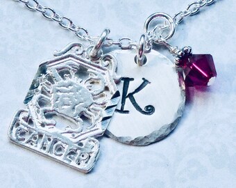 Cancer the Crab Zodiac Hand Stamped Sterling Silver Initial Charm Necklace - Personalized Astrology Star Sign Jewelry