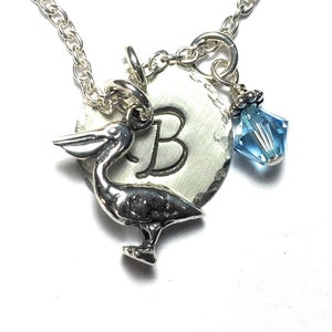 Pelican Hand Stamped Sterling Silver Initial Birthstone Charm Necklace, Louisiana State Bird Gift