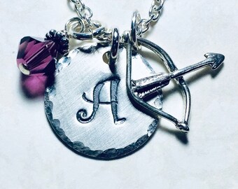 Personalizerd Archery Bow and Arrow Hand Stamped Sterling Silver Initial Charm Necklace