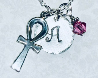 Egyptian Ankh Hand Stamped Sterling Silver Initial Charm Necklace, Cross Jewelry