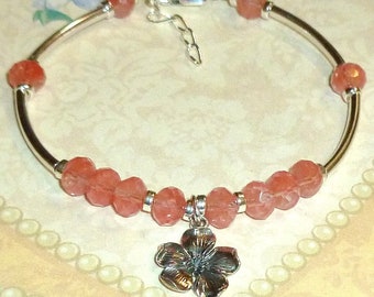 Cherry Blossom Beaded Gemstone Rondelle and Sterling Silver Curved Tube Bracelet