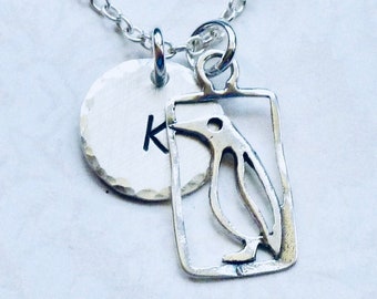 Penguin Hand Stamped Sterling Silver Petite Initial Charm Necklace