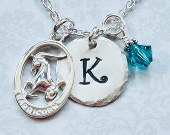 Capricorn Zodiac Hand Stamped Sterling Silver Initial Charm Necklace - Star Sign Jewelry