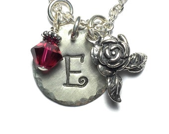 Rose Flower Hand Stamped Sterling Silver Initial Charm Necklace