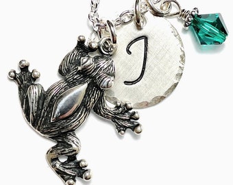 Frog Hand Stamped Sterling Silver Initial Birthstone Charm Necklace