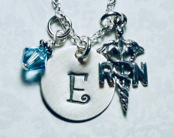 Registered Nurse Hand Stamped Sterling Silver Initial Charm Necklace, Personalized RN Gifts