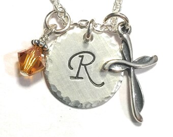 Fancy Religious Cross Hand Stamped Sterling Silver Initial Charm Necklace