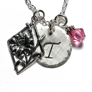 Lily Flower Hand Stamped Sterling Silver Initial Birthstone Charm Necklace