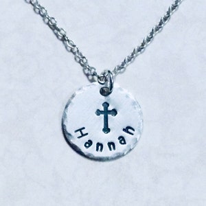 Personalized Name with a Cross Hand Stamped Sterling Silver Charm Necklace - Religious Jewelry
