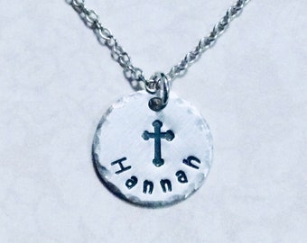 Personalized Name with a Cross Hand Stamped Sterling Silver Charm Necklace - Religious Jewelry