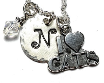 I Love Cats Hand Stamped Sterling Silver Initial Charm Necklace