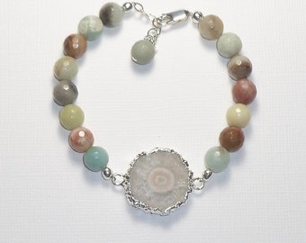 Solar Quartz Adjustable Beaded Green Faceted Amazonite Gemstone Sterling Silver Bracelet, White Stalactite Bracelet