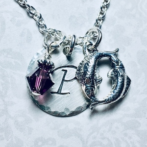 Pisces Zodiac Hand Stamped Sterling Silver Initial  Birthstone Charm Necklace - Personalized Star Sign Gift
