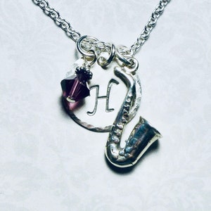 Saxophone Hand Stamped Sterling Silver Initial Birthstone Charm Necklace