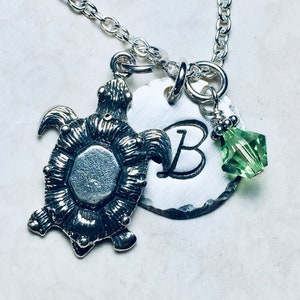 Sea Turtle Hand Stamped Sterling Silver Initial Birthstone Charm Necklace