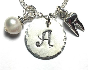 Tooth Hand Stamped Sterling Silver Initial Charm Necklace