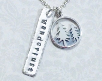 Wanderlust Mountain Pine Trees Hand Stamped Sterling Silver Charm Necklace, Travel Gift, Nature Jewelry