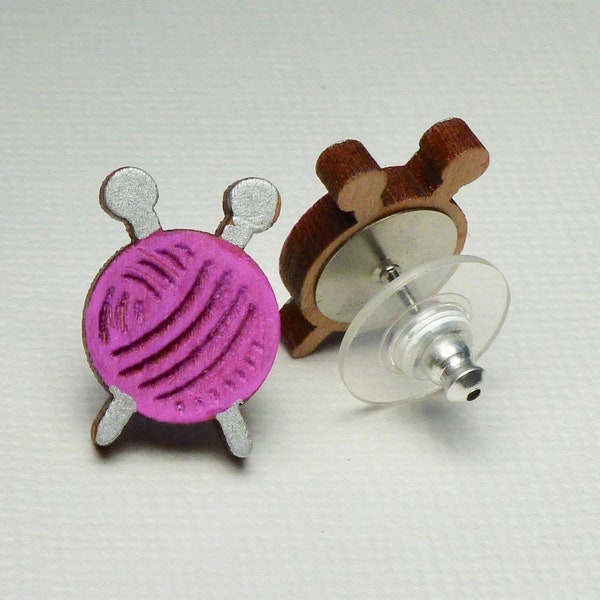 Knitting Needle and Yarn Stud Earrings, Hand Painted Laser Cut Wooden Knitters Jewelry