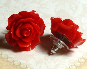 Large Bright Cherry Red Rose Resin Flower Surgical Steel Post Earrings