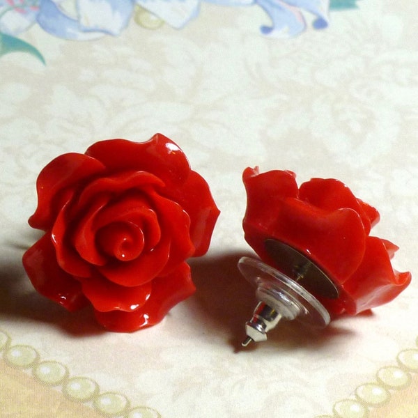 Large Bright Cherry Red Rose Resin Flower Surgical Steel Post Earrings