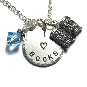 I Love Books Hand Stamped Sterling Silver Charm Necklace, Book Lover Gift image 1