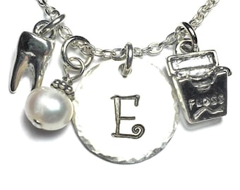 Dentist Hand Stamped Sterling Silver Initial Charm Necklace, Dental Assistant Hygienist Gift