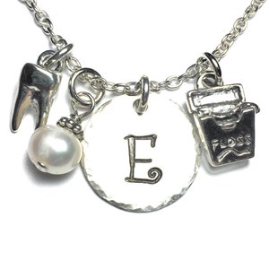 Dentist Hand Stamped Sterling Silver Initial Birthstone Charm Necklace, Dental Assistant Hygienist Gift