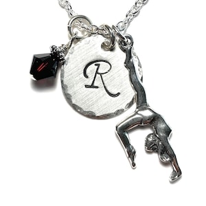 Gymnast Floor Exercise Hand Stamped Sterling Silver Initial Birthstone Charm Necklace