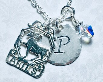 Aries The Ram Zodiac Hand Stamped Sterling Silver Initial Charm Necklace, Personalized Star Sign Jewelry