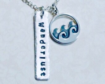 Wanderlust Ocean Wave Hand Stamped Sterling Silver Charm Necklace, Travel Gift Jewelry