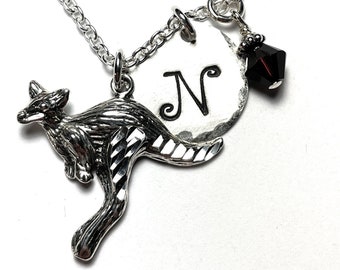 Kangaroo Hand Stamped Sterling Silver Initial Charm Necklace