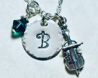 Cello Hand Stamped Sterling Silver Initial Charm Necklace, Personalized Cellist Gifts