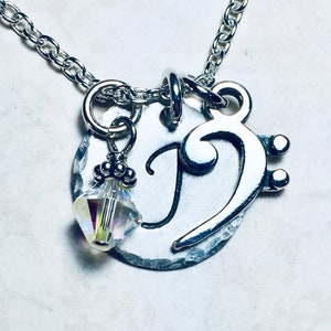 Bass Clef Music Note Hand Stamped Sterling Silver Initial Birthstone Charm Necklace
