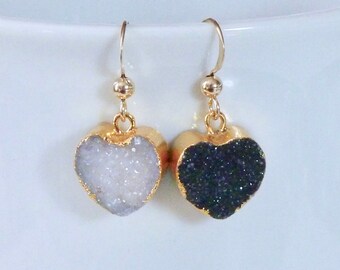 Mismatched Gold Plated Black and White Druzy Heart Earrings