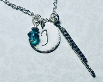 Flute Hand Stamped Sterling Silver Initial Birthstone Charm Necklace, Flutist Gift